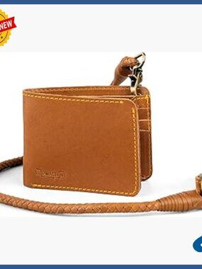 Genuine Leather Bifold Biker Wallet with Detachable Braided Chain
